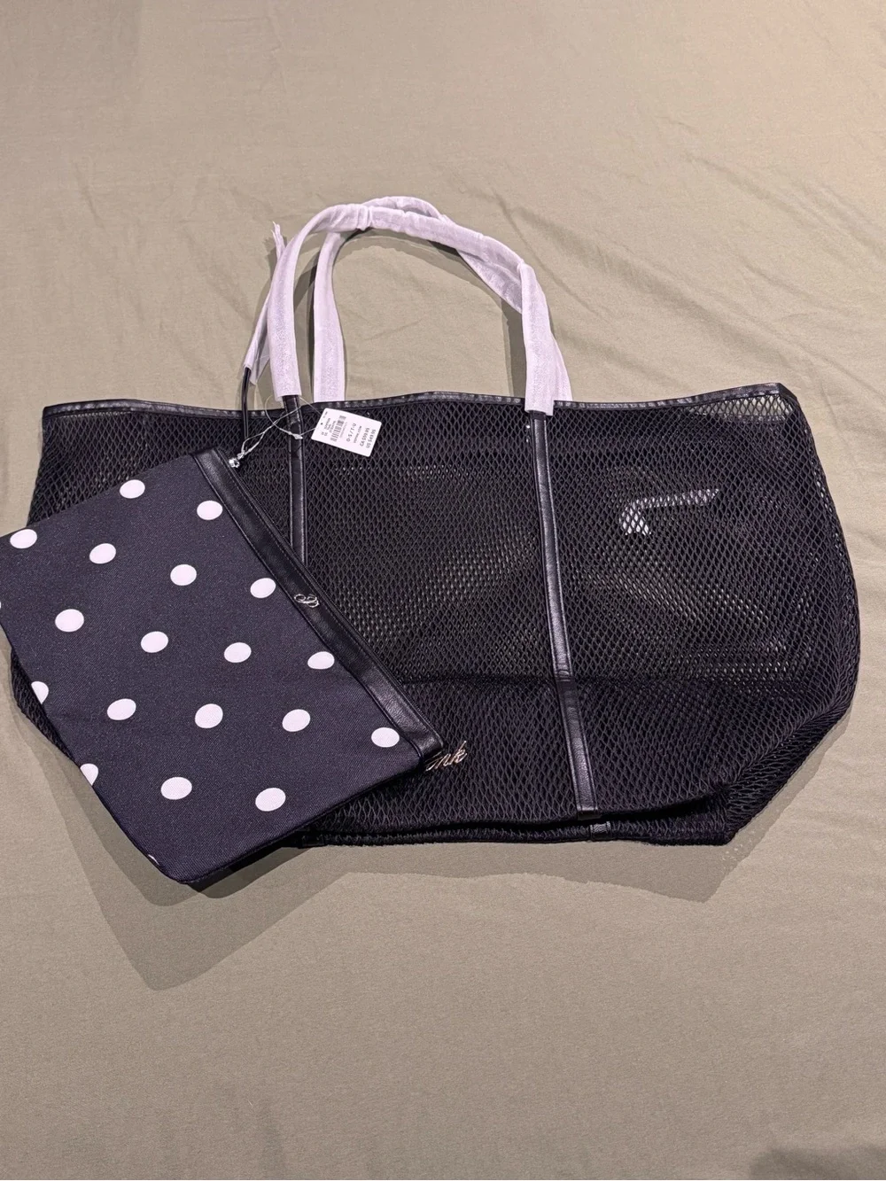 PINK by Victory Secret Black Mesh Tote  with Polka Dot Pouch